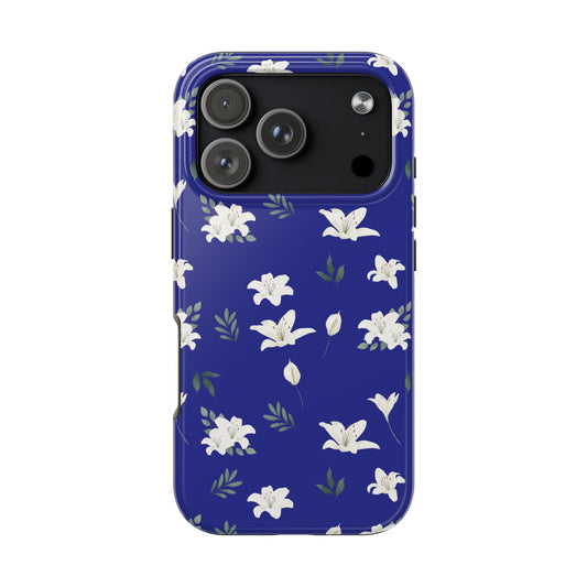 Blue Floral Tough Phone Case — White Lily Protective Phone Cover